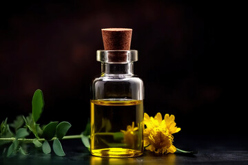 Essential oil in glass bottle and herbs on black background.