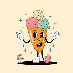 Comic flat ice cream cone with face on decorated background. Vector cartoon illustration in groovy retro style with sweet dessert. Square image of cute tasty character with smile for poster or banner