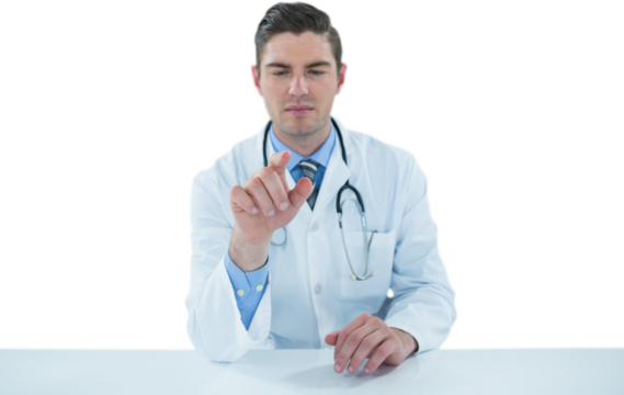 Doctor using digital tablet against white background