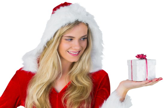 Pretty girl in santa outfit holding gift - Powered by Adobe