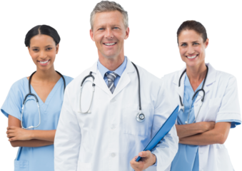 Portrait of male doctor with female staffs