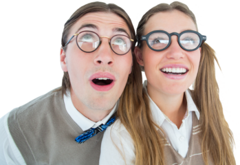 Geeky hipster couple raising eyes