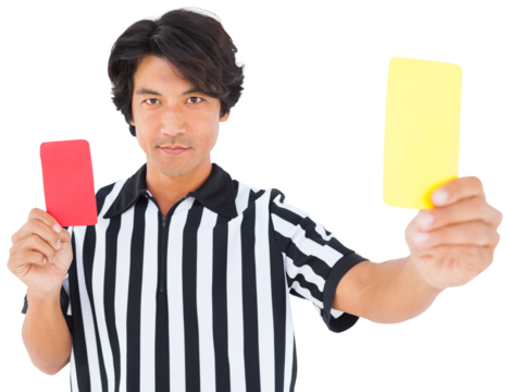 Portrait of referee showing red and yellow card - Powered by Adobe