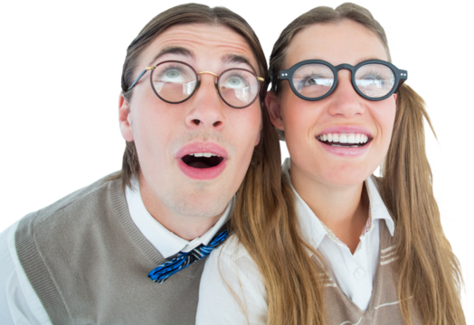 Geeky hipster couple raising eyes