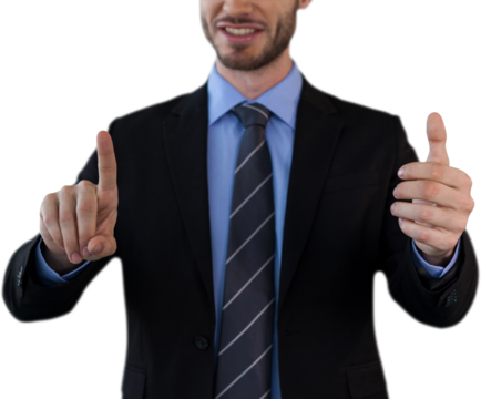 Mid section of businessman wearing suit while using invisible interface