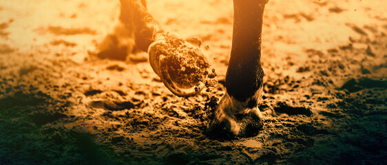 The shod hooves of a horse, with which she steps on the sand in the arena during a gallop on a...
