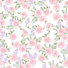 Vector Seamless Pattern with Pink Roses on Green Background