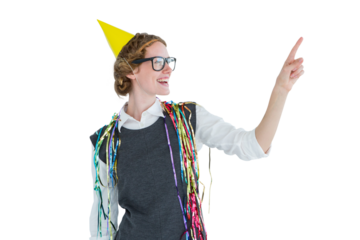 Happy geeky hipster pointing something 