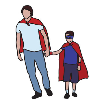 Digital composite image of father and son in superhero costumes