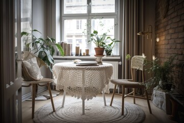 There's a white chair and table. Beige crocheted plaid covers the table. Magazine, the table has tea and a plant. High quality vertical interior picture. Generative AI