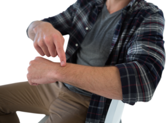 Mid section of businessman pointing on imaginary wristwatch