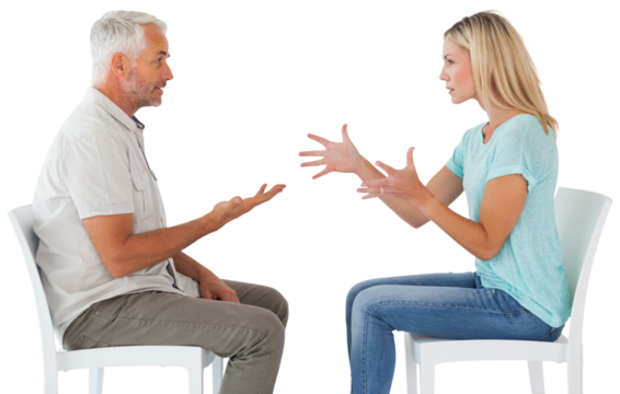 Unhappy couple sitting on chairs having an argument