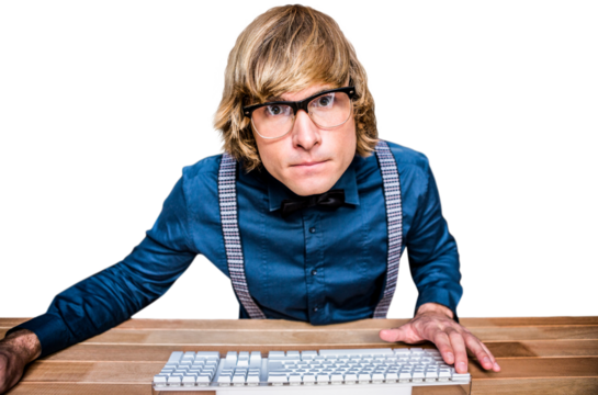 Hipster businessman looking closely the camera