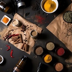 Spices, herbs and grains on a table, view from the top, cooking food. Generative AI
