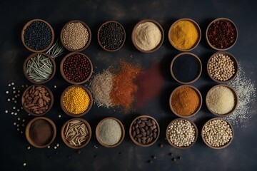 spices on a board, herbs and grains, market food. Generative AI