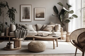 Modern Scandinavian home decor. Beautiful living room with comfy couch, mid century furnishings, warm carpet, hardwood floor, white walls, house plants. Generative AI