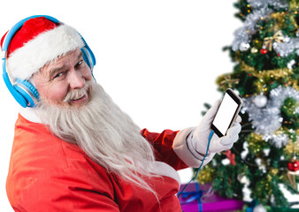 Santa Claus listening to music on mobile phone