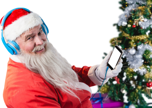 Santa Claus listening to music on mobile phone