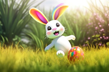 Easter bunny with easter egg, happy and colorful. Generative AI