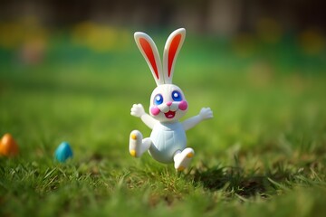 Easter bunny with easter eggs on grass, happy and colorful