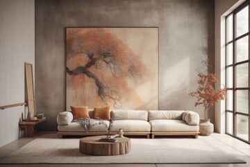 Wabi sabi living room with plaster wall. Macrame wall art and minimalist fabric couch. Japanese interiors. Generative AI