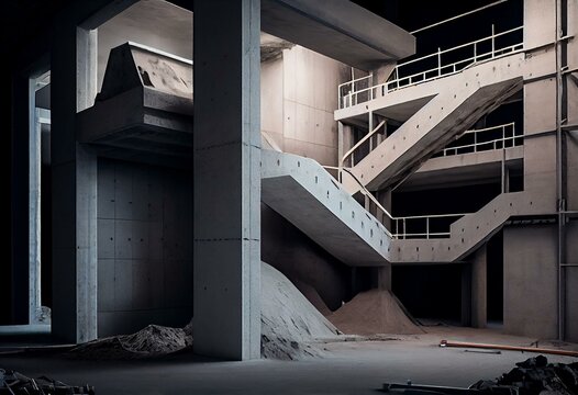 At the construction site, reinforced concrete building goods and structures are kept for use in the construction of staircases in residential and commercial buildings. Generative AI
