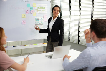 businesspeople team meeting or seminar. and presentation about work project on whiteboard