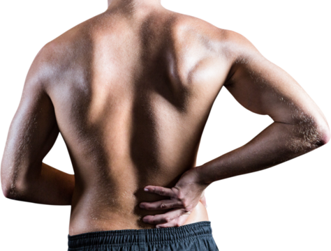 Rear view of shirtless man with back pain - Powered by Adobe