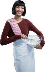 Smiling female chef mixing flour in bowl with whisk