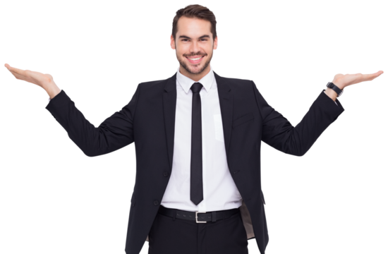 Businessman with open hands looking at the camera