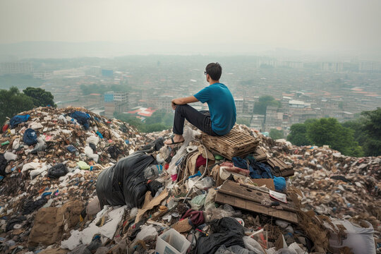 Mam sitting on top of huge dump with a lot of plastic waste and various used garbage. Environmental pollution concept. Created with Generative AI
