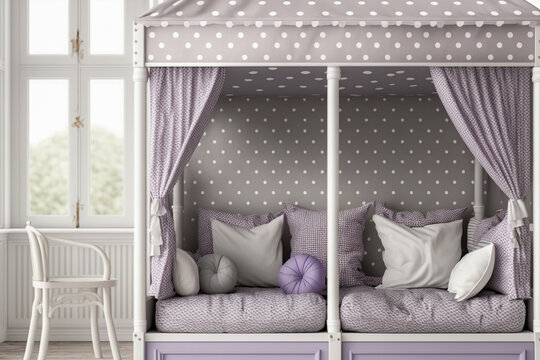 Modern interior design of woman or childrens bedroom with bunk. Super photo realistic background, generative ai	illustration

