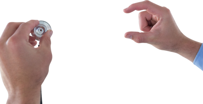 Cropped hand on doctor holding stethoscope while using invisible interface