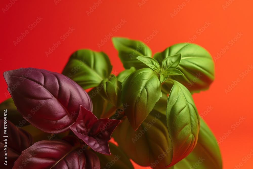 Poster a close up of a plant with leaves on a red and green background with a red background behind it and 