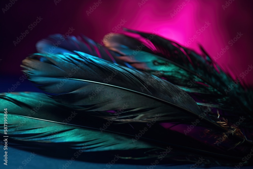 Poster a close up of two feathers on a blue surface with a pink and blue background behind it and a black b