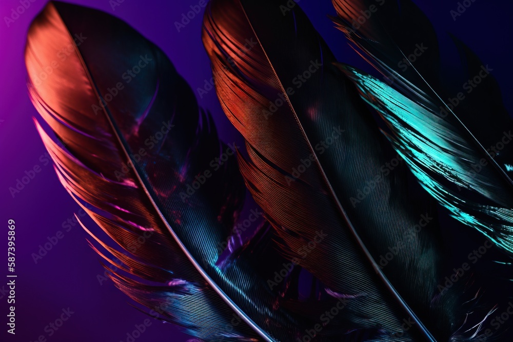 Poster a close up of a group of feathers on a purple and blue background with a pink and blue light in the 