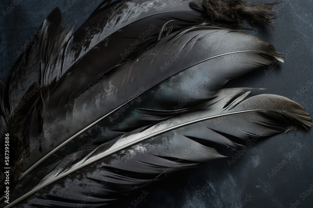 Poster  a close up of a feather on a black background with a reflection of the feather on the back of the feather and the feather tip of the feather.  generative ai