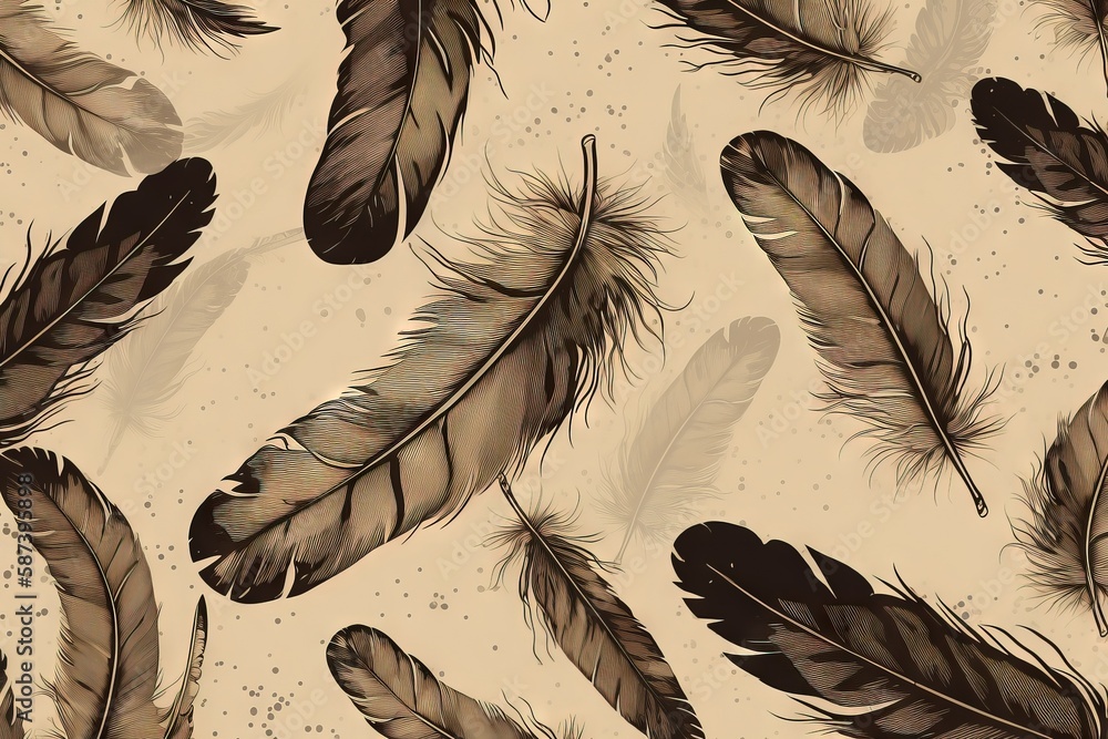 Poster a lot of feathers that are on a wallpaper pattern on a beige background with black spots on the edge