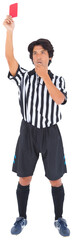 Referee blowing whistle and showing red card