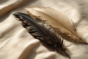  a close up of a feather on a white cloth with a shadow of a person's hand holding the feather in front of the feather.  generative ai