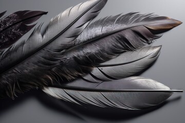  a close up of a black feather on a gray background with a black and white photo of a feather on the left side of the feather.  generative ai