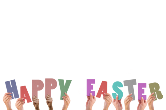 Hands holding up happy easter - Powered by Adobe