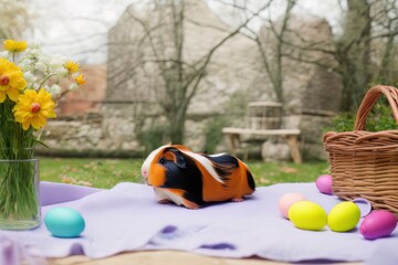 Easter guinea pig surrounded by Easter eggs