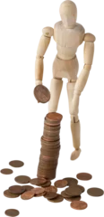 Rolgordijnen 3d image of wooden figurine making coin stack © vectorfusionart