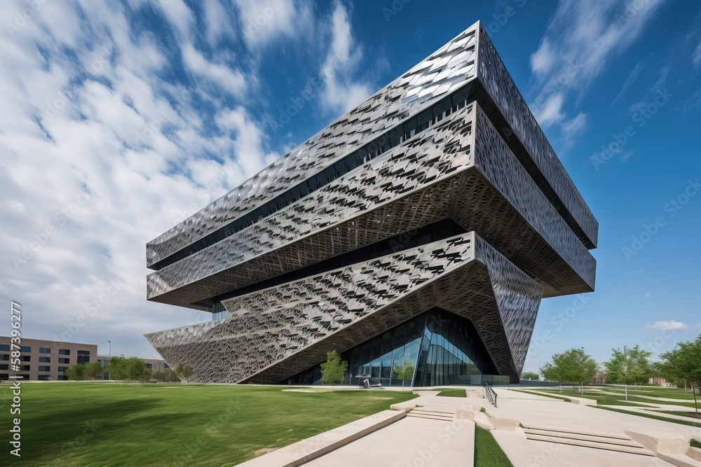 Poster a large building with a triangular design on top of it's sides in a grassy area next to a building w