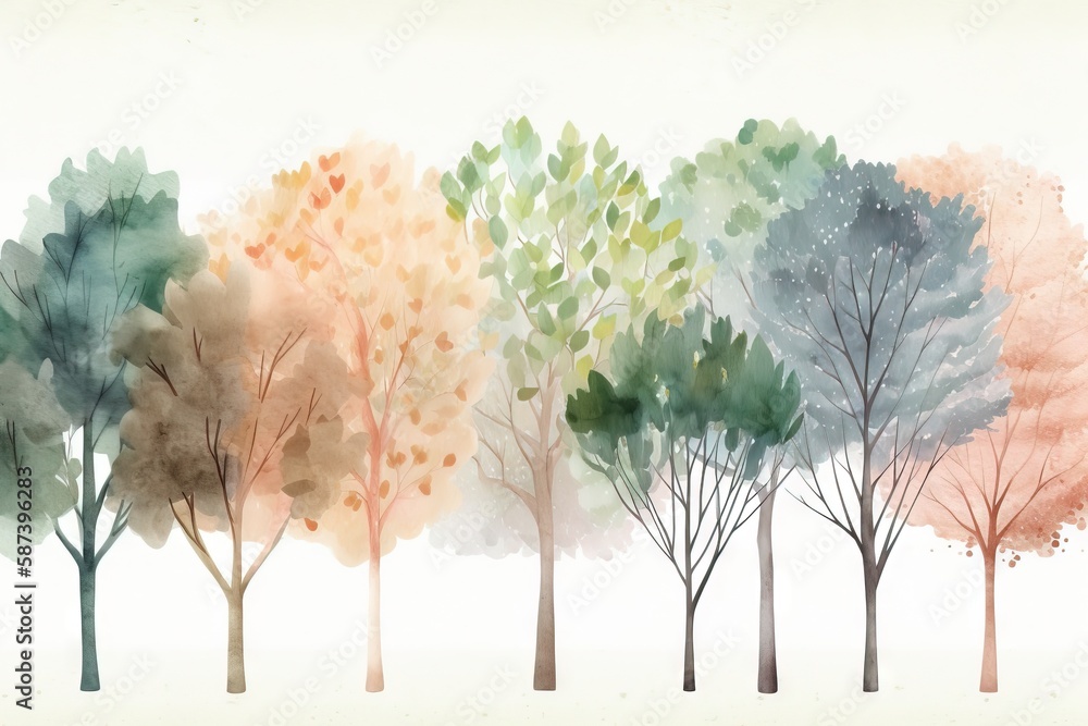 Poster a watercolor painting of a row of trees with different colors of leaves on the trees and the leaves 