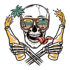 skull with beer and beach