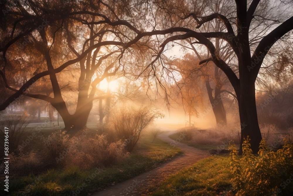 Poster the sun shines through the trees in a park area with a path in the foreground and a grassy area in t