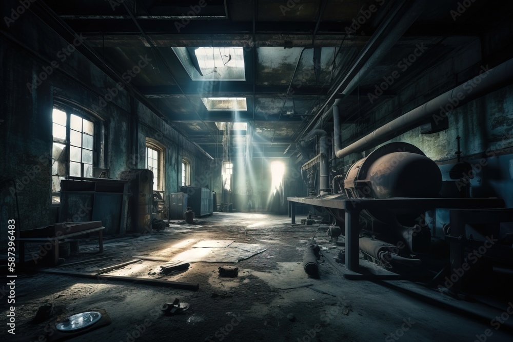 Poster a dark room with a light coming through the window and a person standing in the middle of the room l