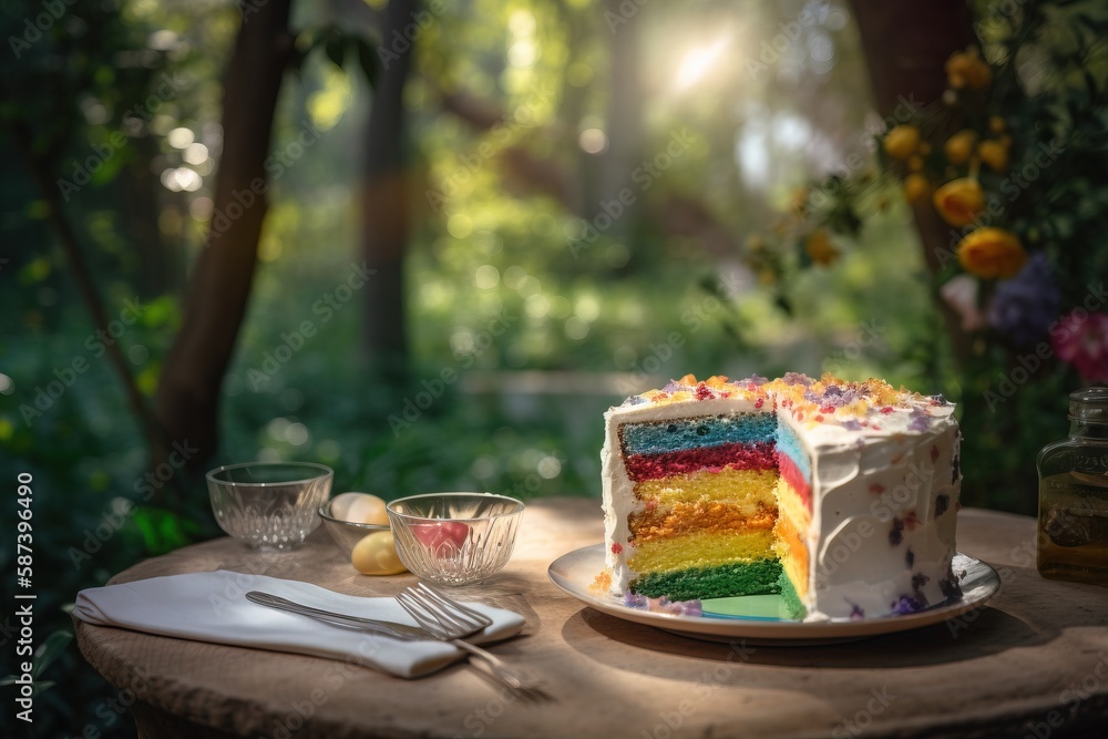 Poster a slice of rainbow cake on a plate with a fork and a cup of tea on a table in a forest with flowers 